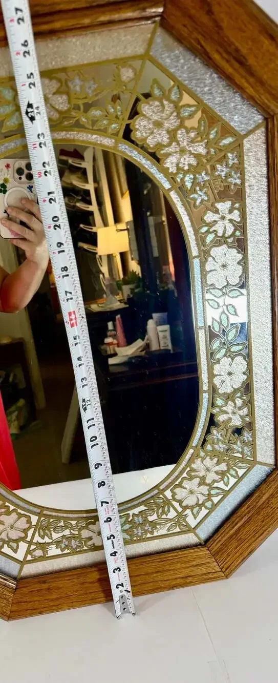 Vintage Windsor Art Wall Mirror with Pastel Floral Etched Glass and Wood Frame